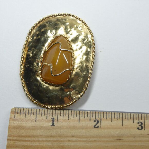 Gold Statement Brooch Pendant Agate Amber Stone Center Signed Barmell Large Pin - Picture 13 of 14